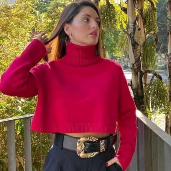 Zara Crop Sweater Sz S Pink Fuschia High Neck Turtleneck Cropped Pullover - Picture 2 of 12